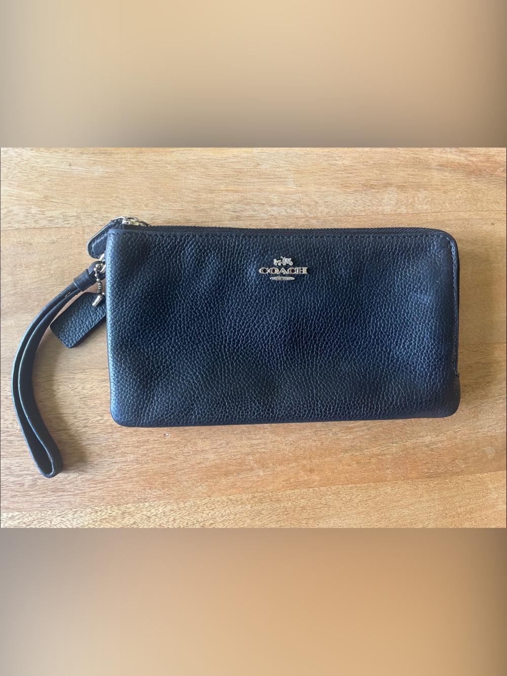 Coach Black Pebbled Leather Zip Wristlet with Gold Logo